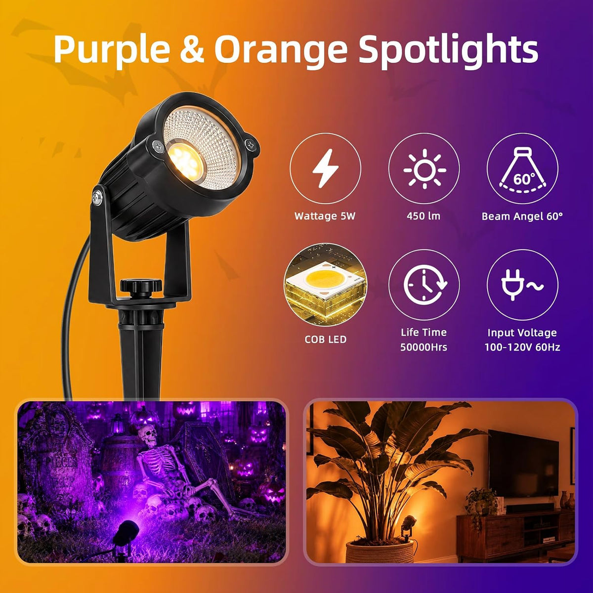 Halloween Orange Purple Spotlights Outdoor Landscape Lighting for Yard