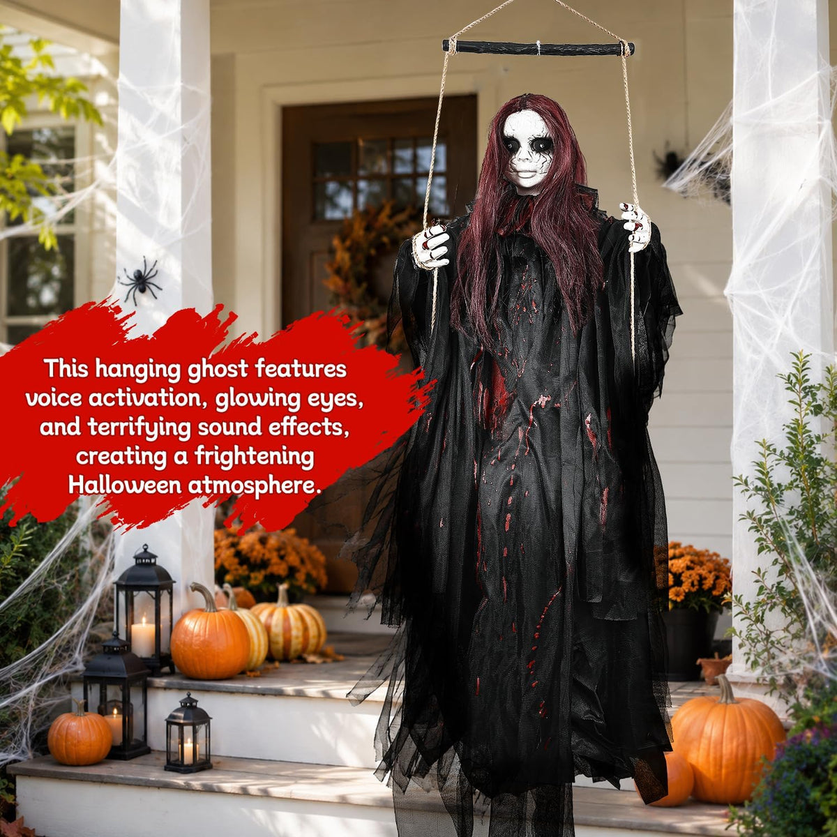 59" Scary Hanging Ghost Girl Halloween Decoration โ Sound & Touch Ac...