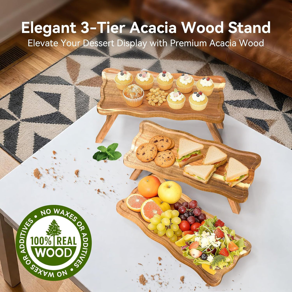 Acacia Wood 3 Tier Cupcake Stand, Serving Tray for Party, Foldable Dessert Ta...