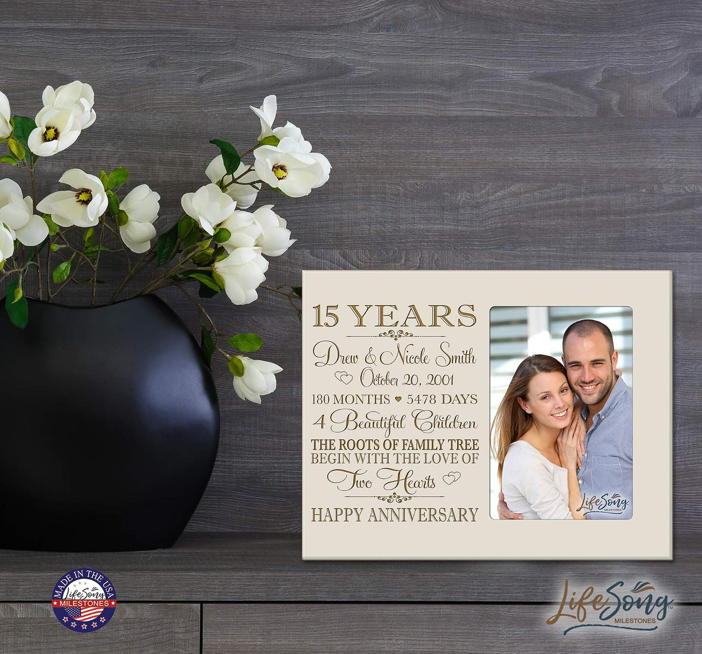 Personalized Fifteen Year for her him Couple Custom Engraved Wedding Gift for Husband Wife Girlfriend Boyfriend Photo Frame Holds 4x6 Photo (Ivory)
