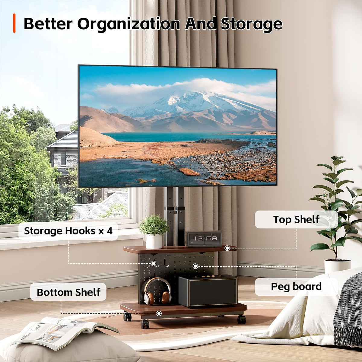 Mobile TV Cart on Wheels,Height Adjustable Rolling TV Stand for 32-85 inch TV...