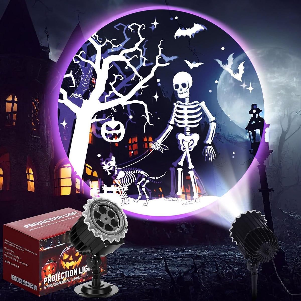 Halloween Projector Light with LED Film Slides, Skeletons and Dogs