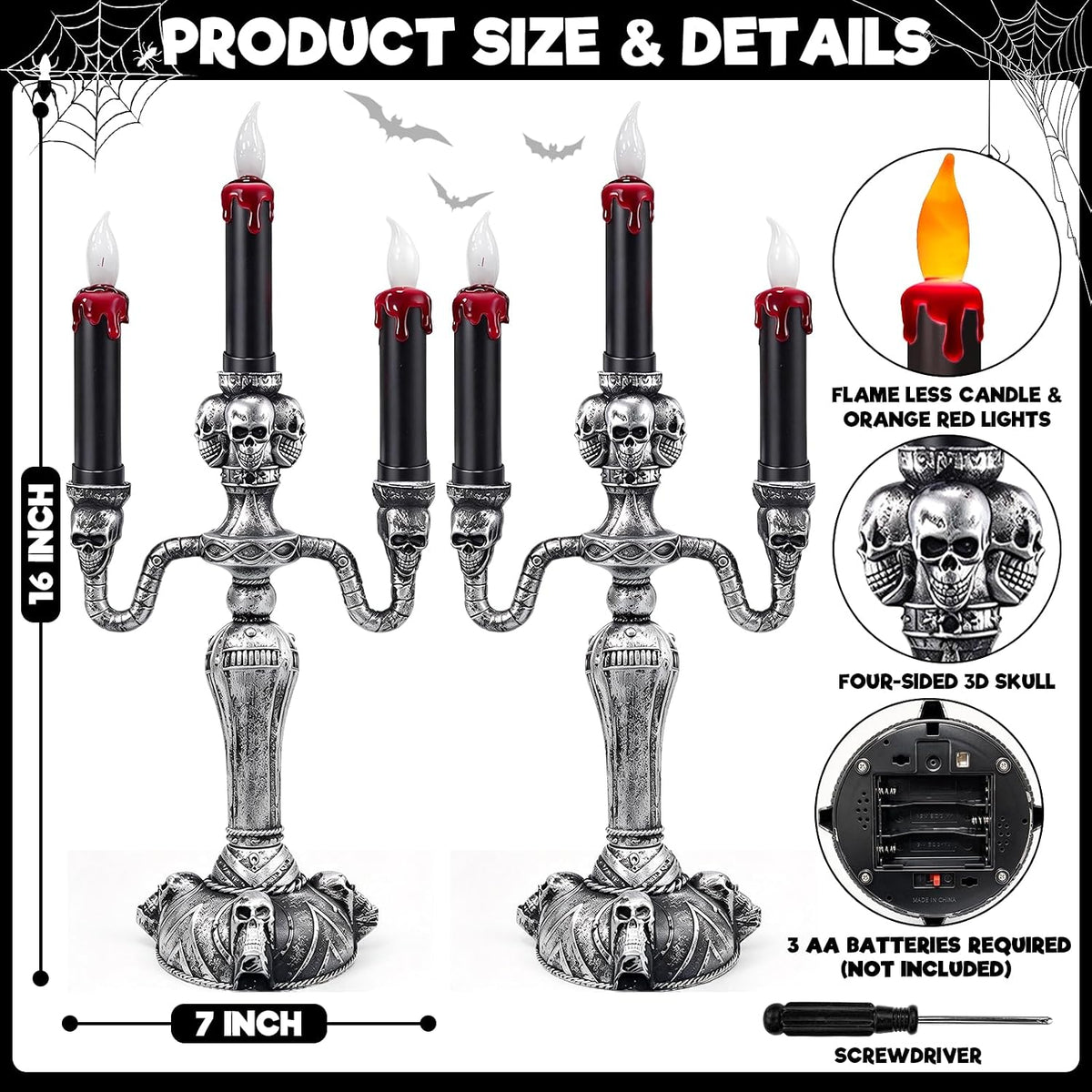 2 Pack Large Halloween Candelabra Flameless Candle Holder Table Centerpiece