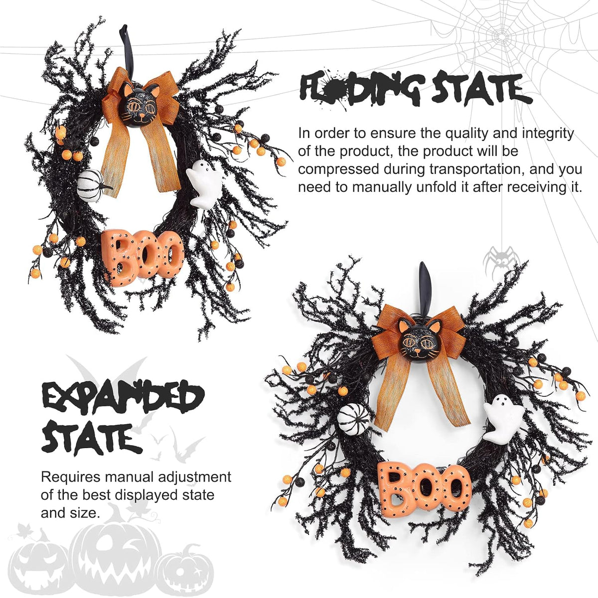 Halloween Wreaths for Front Door, 18Inch Halloween Wreath with Black Cat Boo ...