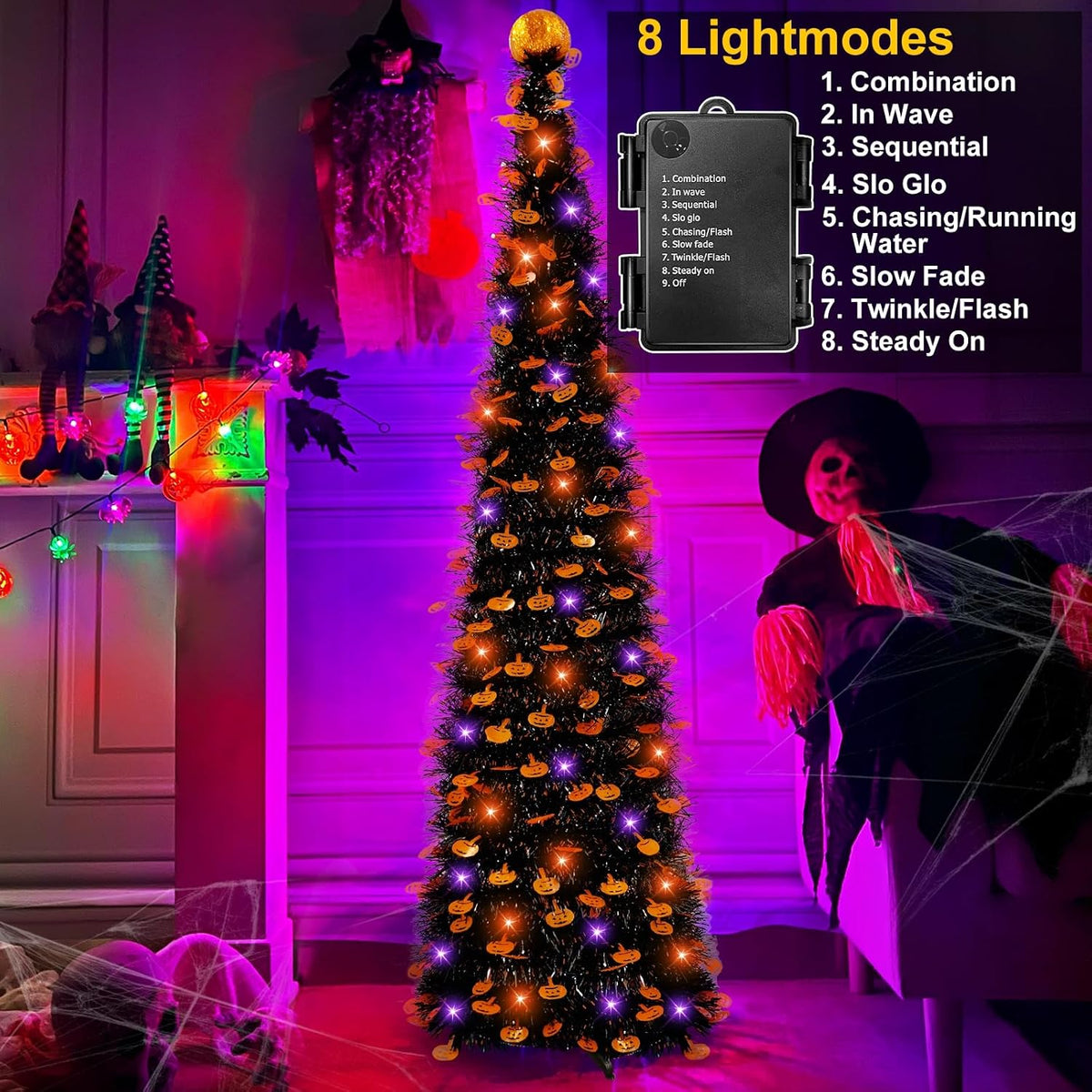 TURNMEON 5Ft Black Tinsel Halloween Tree with Lights Halloween Decorations