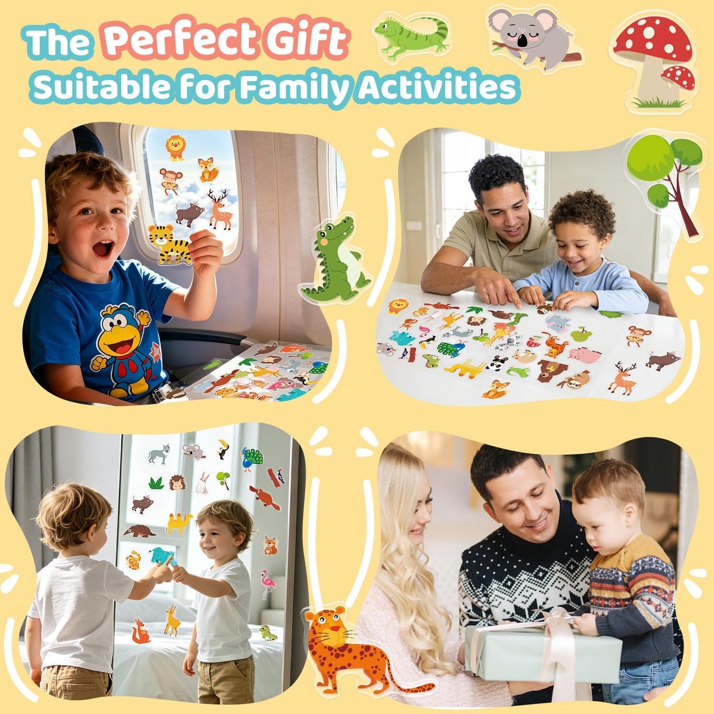 40PCS Animals Jelly Stickers for Kids, Safari Wildlife Window Clings for Toddlers Glass Windows, Thick Gel Clings Decals of Cute Lion Elephant, Removable Reusable Quiet Airplane Travel Toys