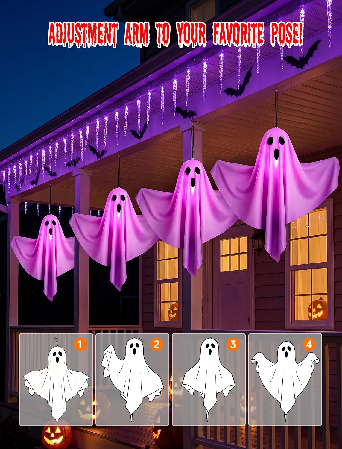 11.5FT Halloween Ghost Pathway Lights Outdoor, 4 Pack Purple Ghost Decor