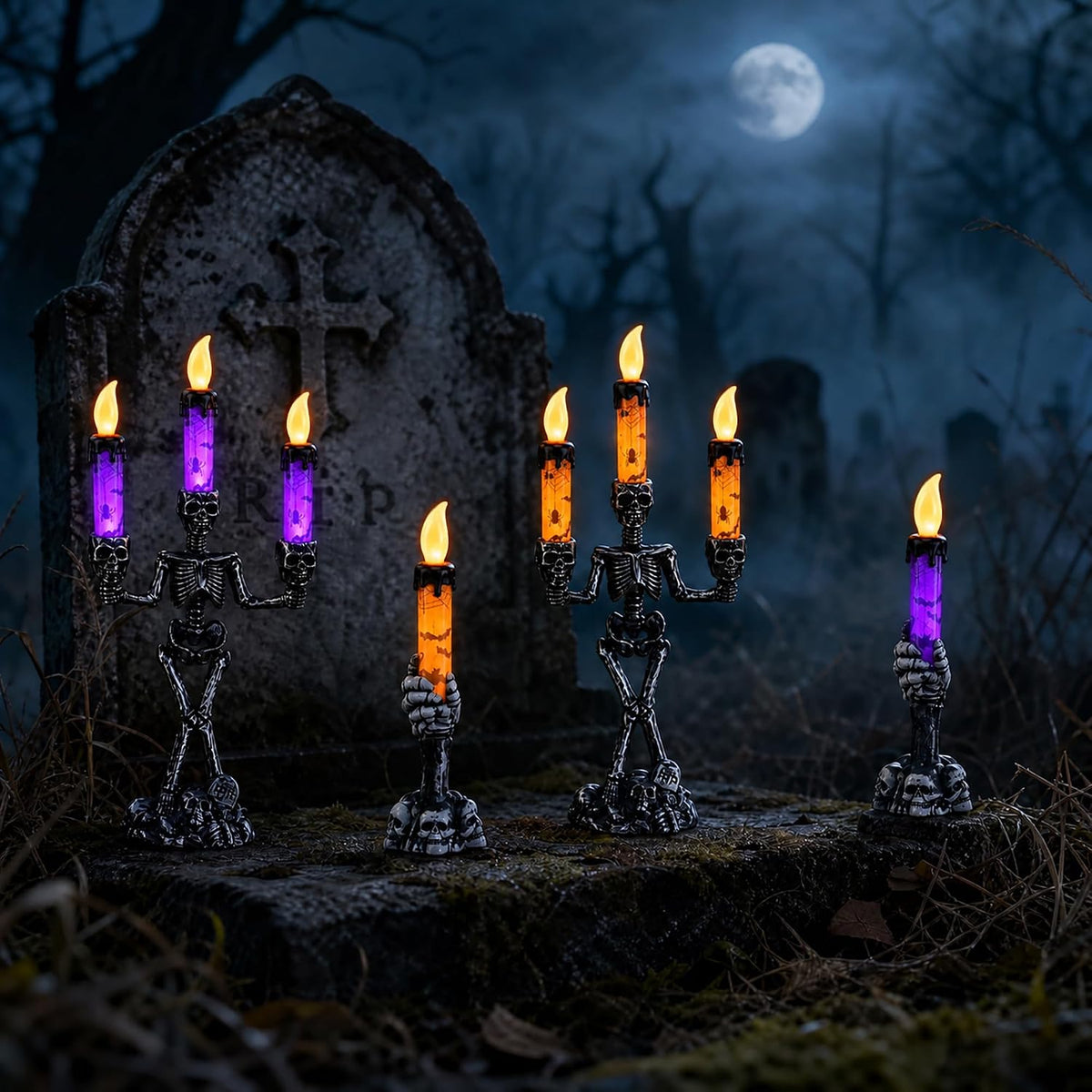 4Pcs Halloween Skeleton Candelabra LED Candle Light, Skull Candelabra Decor