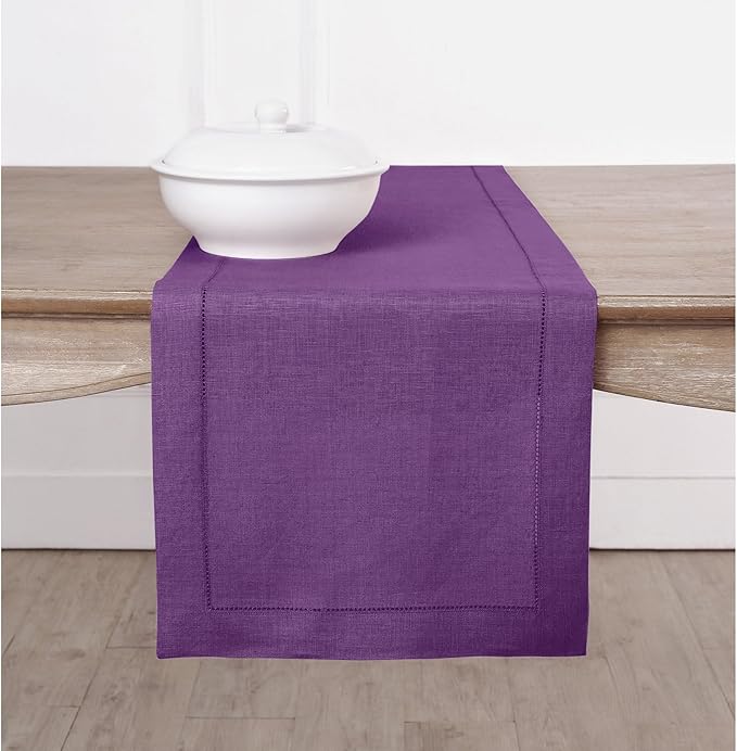 Solino Home Linen Purple Table Runner 48 Inches - Classic Hemstitch, 100% Pur...