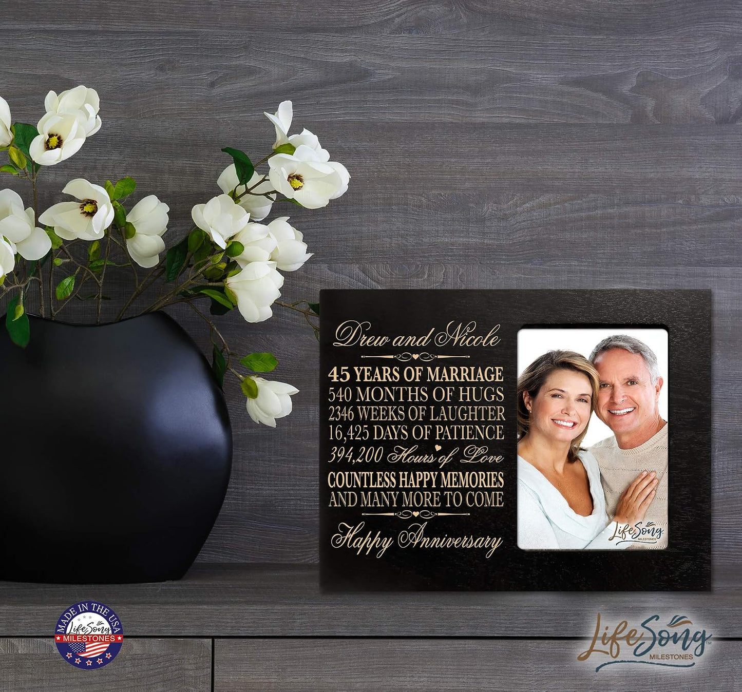 Personalized 45th Year Wedding Anniversary Frame Gift for Couple 45th for Her 45th Wedding for Him Frame Holds 1 4x6 Photo 8" H X 10" W (Black)