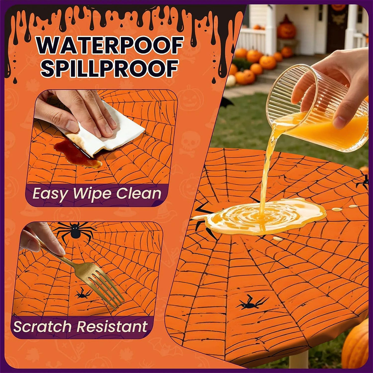 60 Inch Fall Round Waterproof Tablecloth for Dinner, Halloween Fitted Round T...