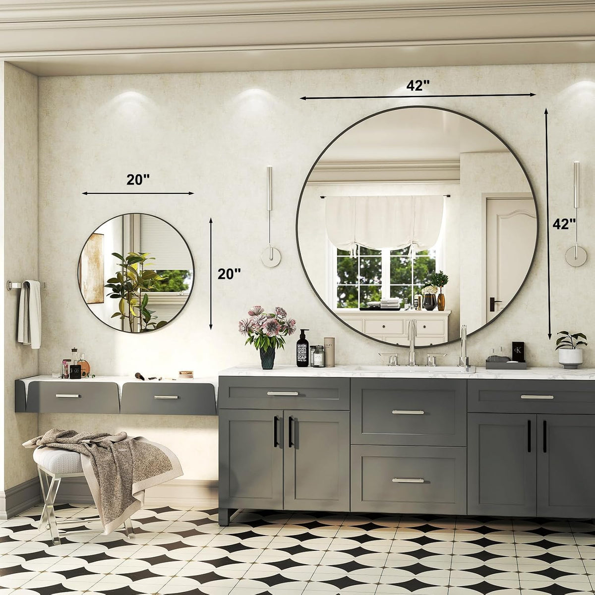 42 Inch Round Bathroom Mirror - Black Wall Mounted Circle Mirror with Metal Frame, Modern Round Hanging Mirror Suitable for Bathroom, Vanity, Entryway, Living Room