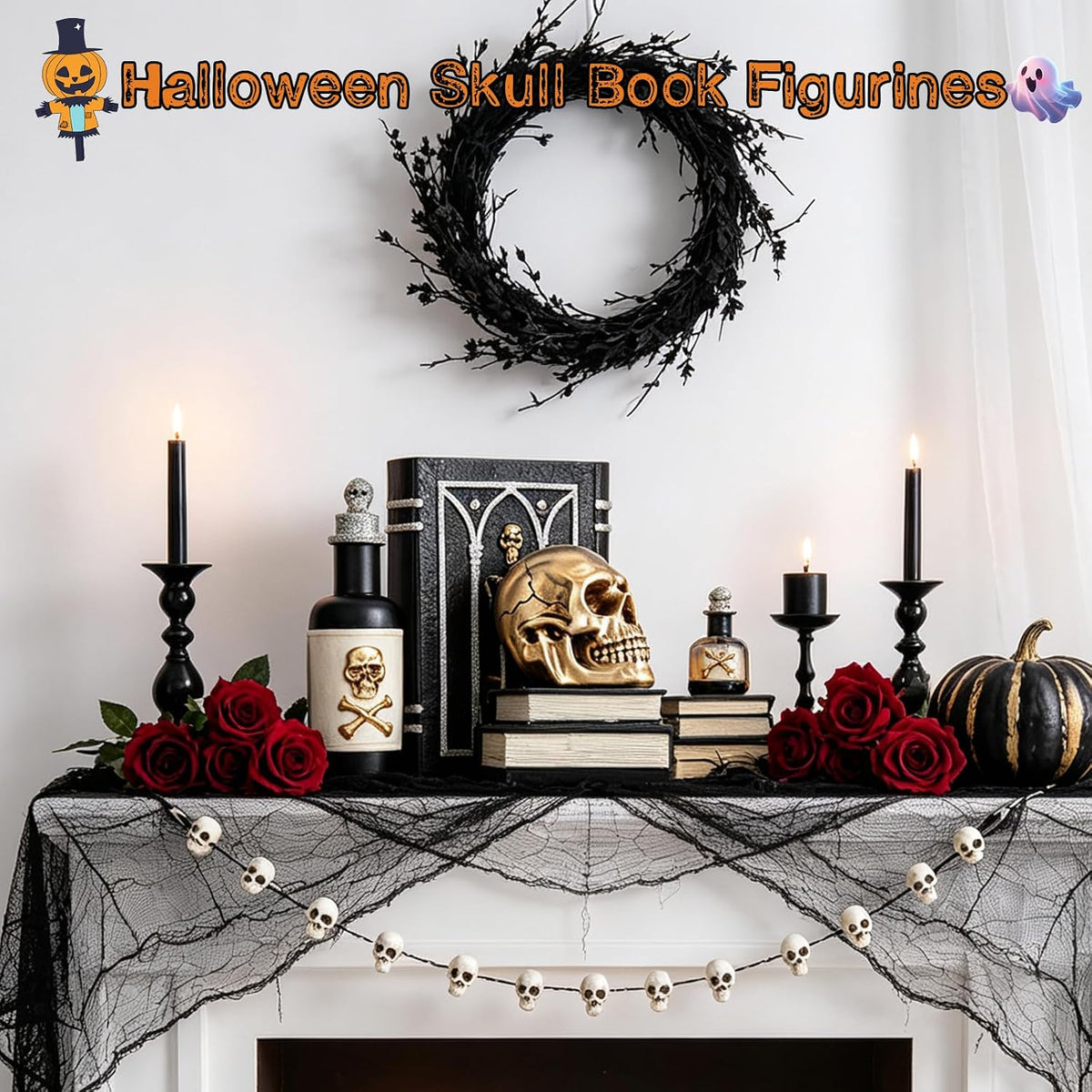 Halloween Skull Figurine, Gothic Book & Potion Bottle Indoor Tabletop Decor