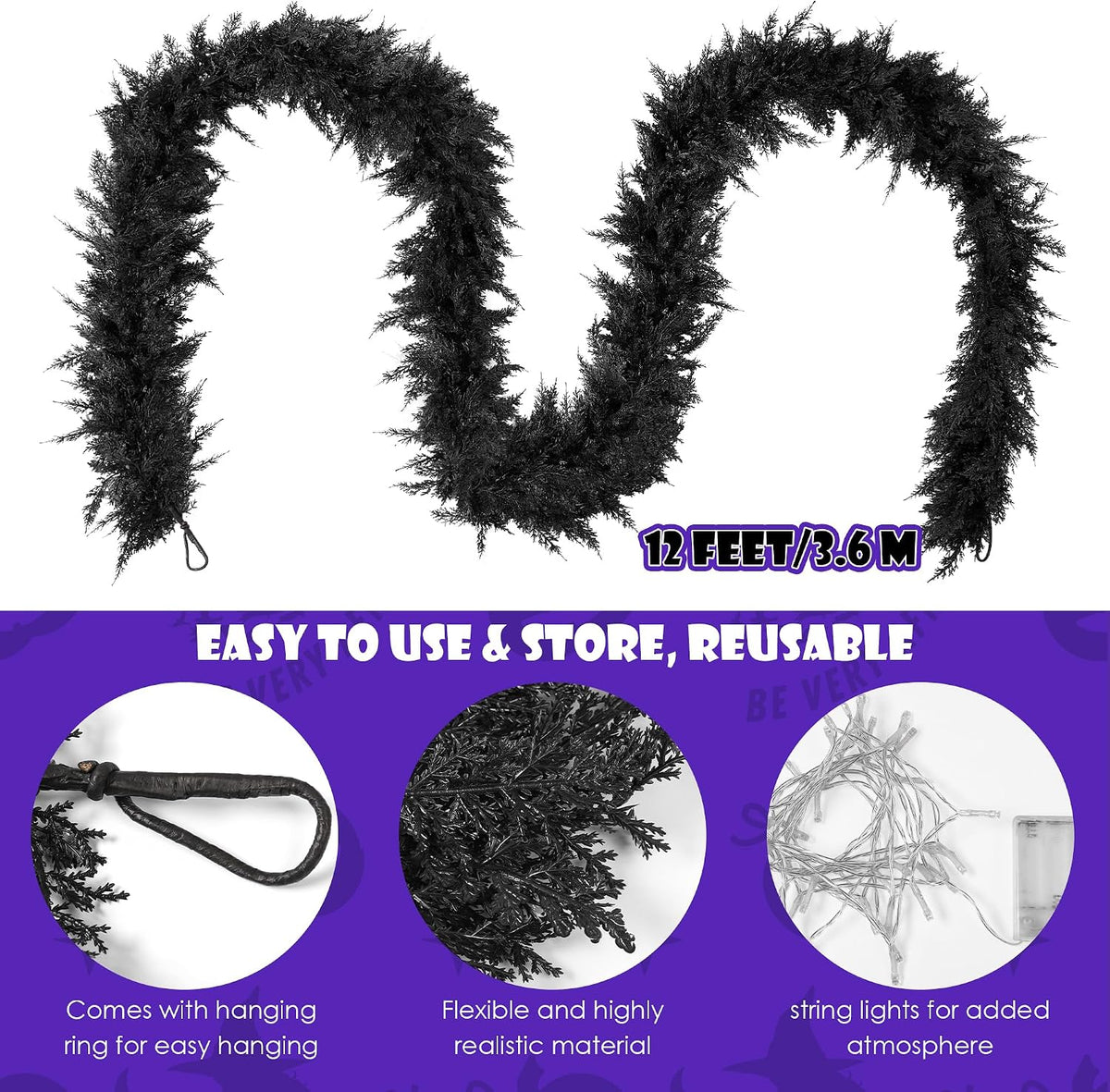 Fovths 12 Ft PreโLit Black Halloween Garland, Artificial Cedar Vine Decor