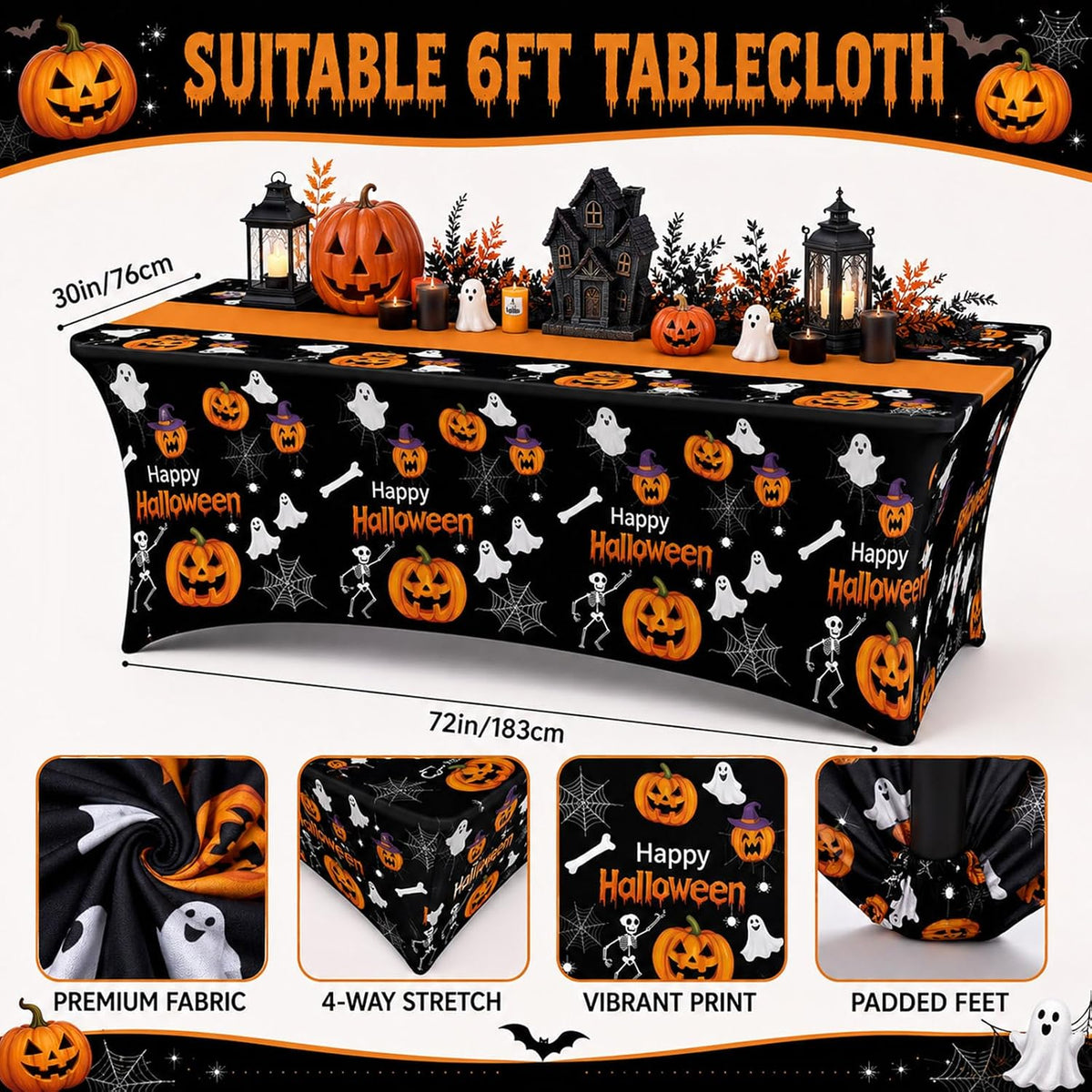 Moukeren 2 Pack Halloween Pumpkin Ghost Spandex Tablecloth 6ft Stretch Table ...