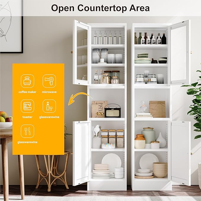 Metal Storage Cabinet with Glass Door, Tall Slim Pantry Organizer with 3 - Image 8