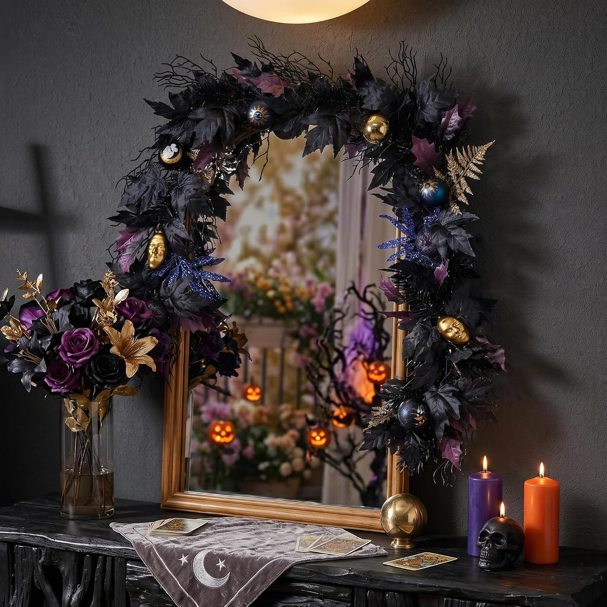 DecorbyHannah 6ft Halloween Garland for Mantle with Lights Black Leaf Decor