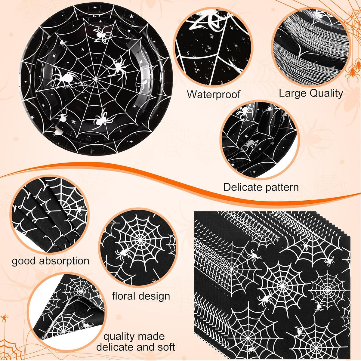 Funnymoom 452 Pcs Halloween Spiderweb Party Supplies Tableware for 50 Guest