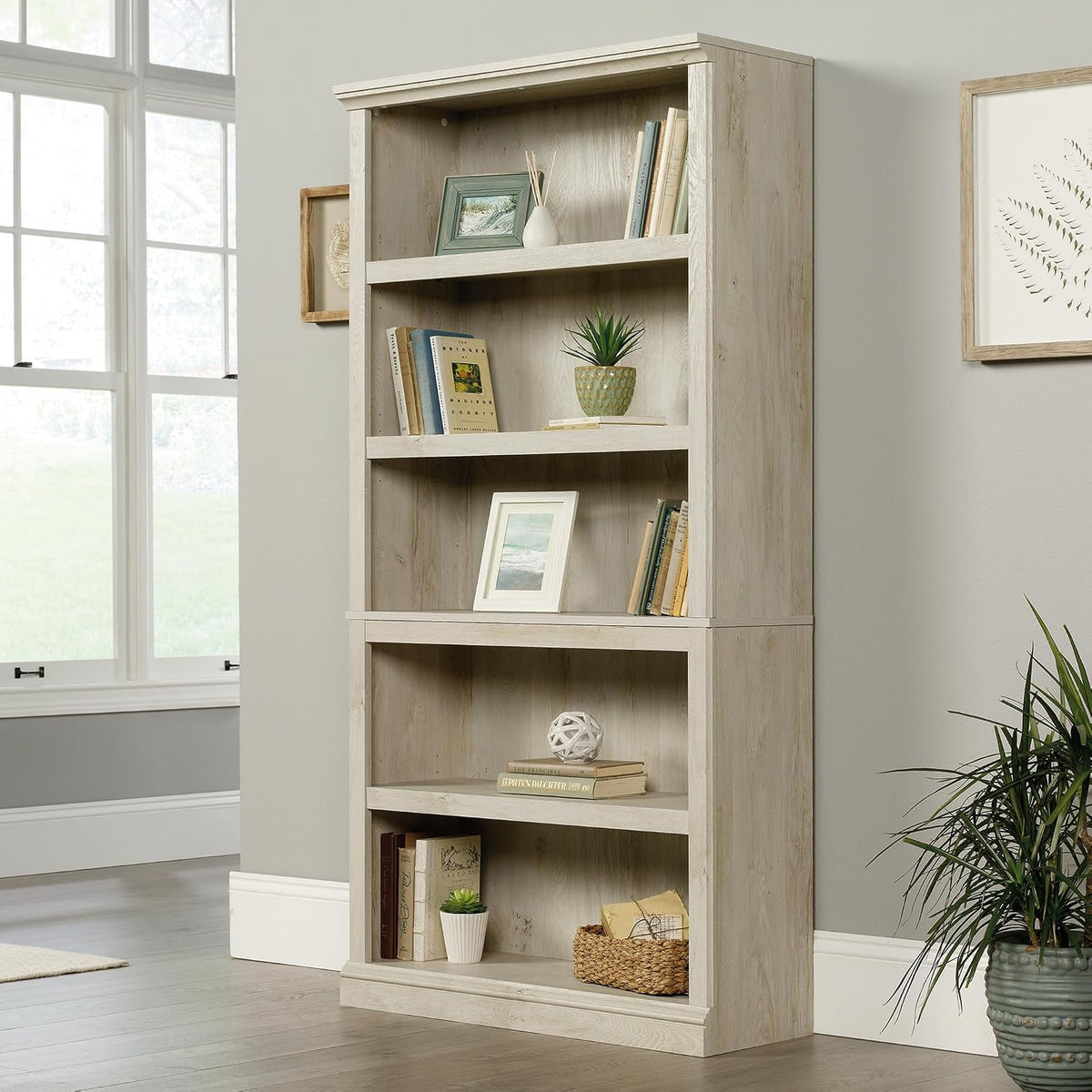Sauder 5 Tier Book Shelf Wooden Bookcase Multipurpose Bookshelf for Home Offi...