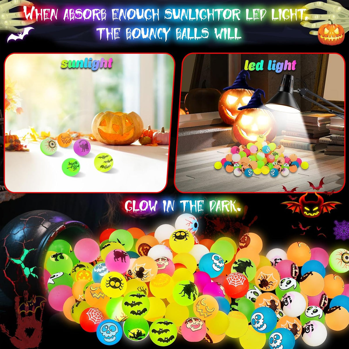 210 PCS Halloween Party Favors, Halloween Glow in The Dark Bouncy Balls