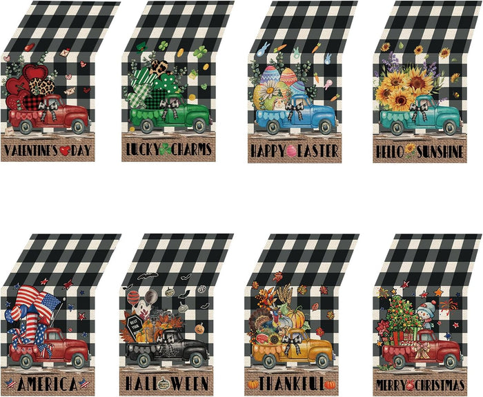 8 Pcs Truck Holiday Table Runners 72 Inches Long, Rustic Truck Fall Winter Halloween Christmas Burlap Table Runners, Car Buffalo Plaid Dining Table Decor for Farmhouse Garden Party Supplies