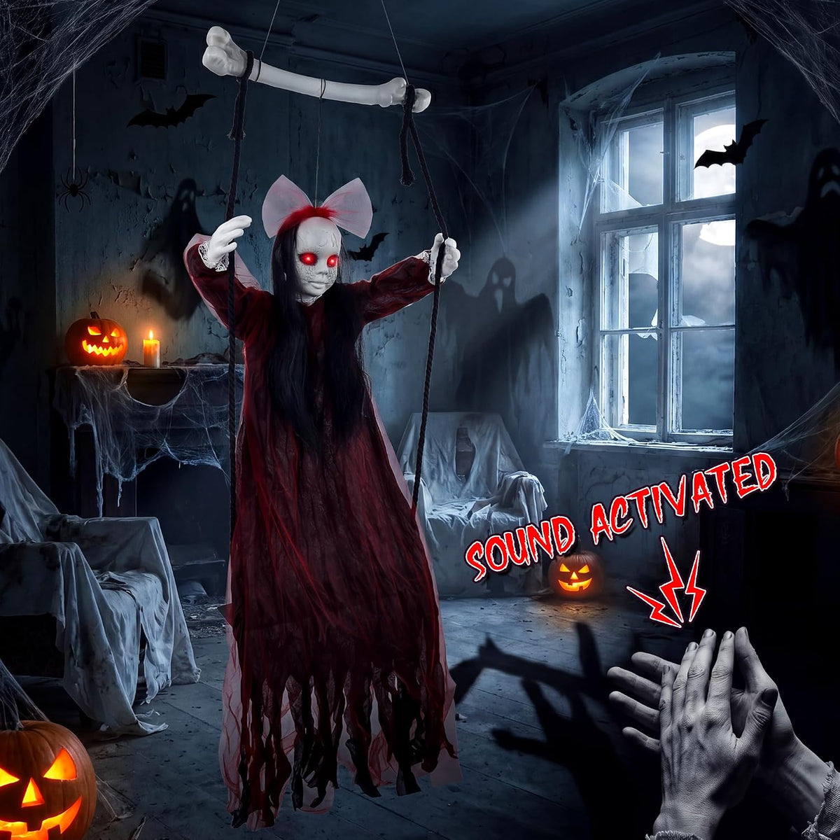 Halloween Decorations Outdoor, Creepy 57โ Hanging Swinging Ghost Doll Girl, S...
