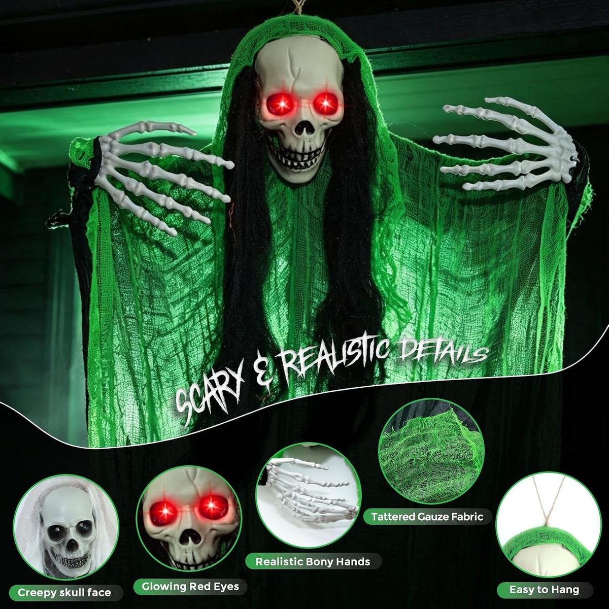 3 Pack Halloween Hanging Skeleton Ghost Decorations with Light Up Red Eyes