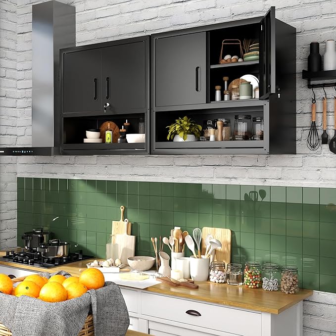 Garage Wall Cabinet with Doors and Shelves, Wall Mounted Metal Storage Cabinet - Image 6