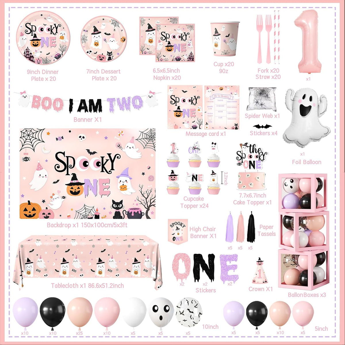 Spooky One Birthday Decorations Girl, 276 Pcs Pink Halloween 1st Birthday Par...