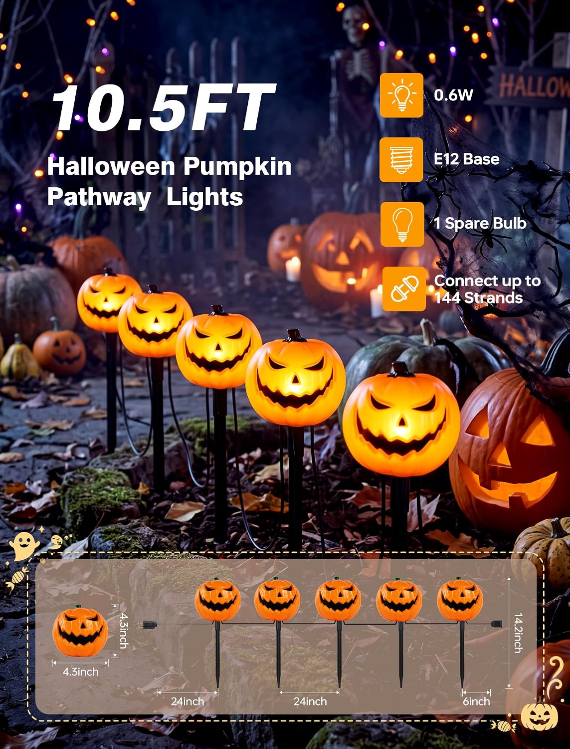 10.5FT Halloween Pumpkin Pathway Lights, 5PK LED Pumpkin Light Decor