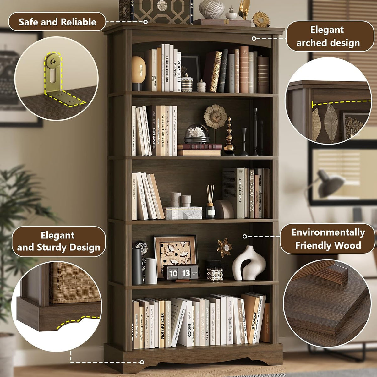 TVU 5-Tier Wooden Bookshelf, 31.5" W x 65" H ร9.9" D Bookshelf...
