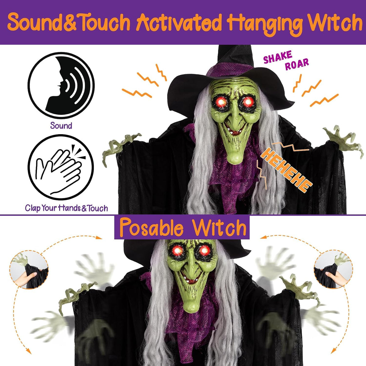 59โ Halloween Hanging Animated Witch Decoration with Sound Activated