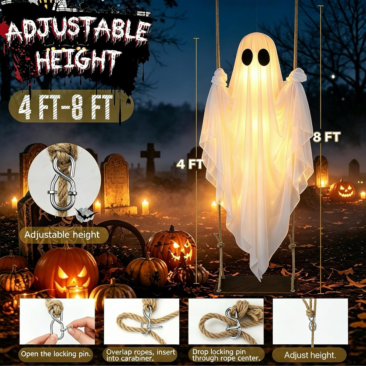 Halloween Decorations Outdoor โ Hanging Swing Ghost 4-8FT, Remote Light Up