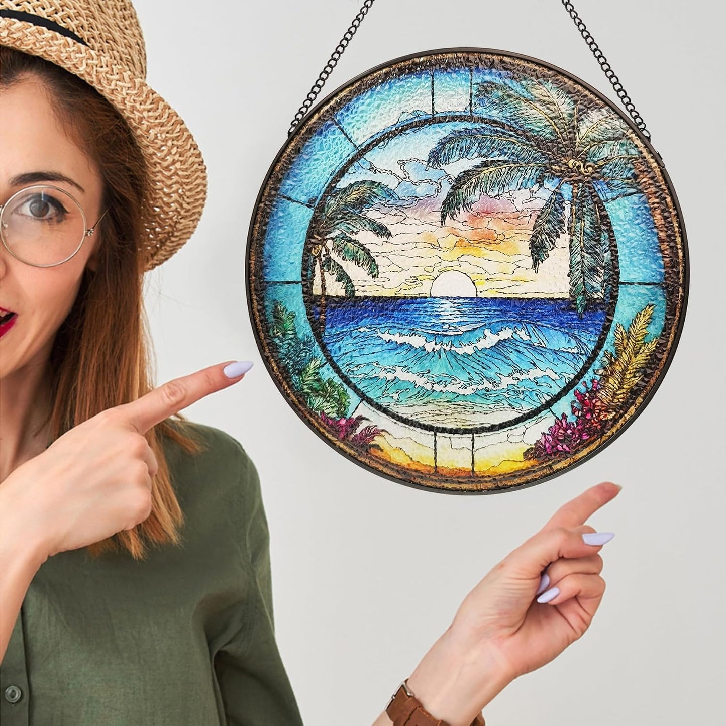 9.8 Instained Glass Window Hanging - Blue Sea Sun Catcher for Door Home Decor Ocean Suncatcher Christmas Mother's Day Birthday Sea Lover Gifts for Women Men Mom Nana