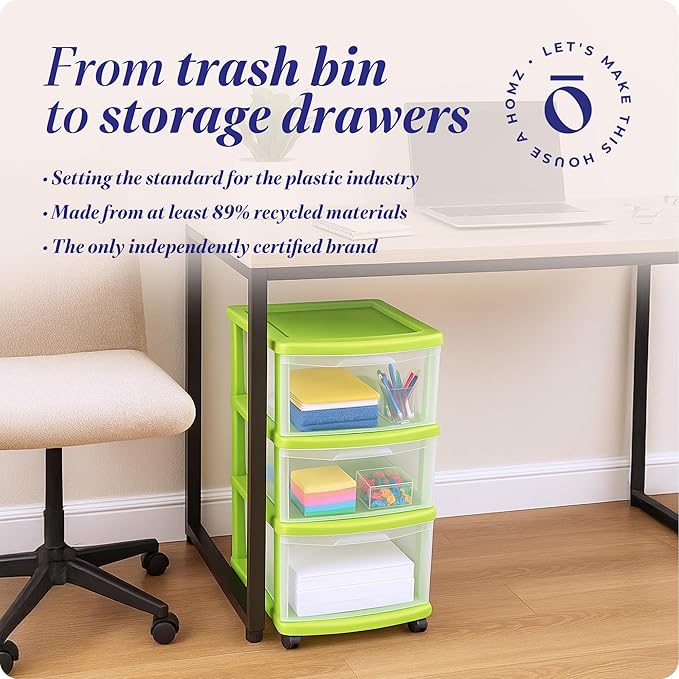 HOMZ Drawer Tower, 3-Tier Clear Plastic Storage Organizer Cart, Bold Lime Frame - Image 7