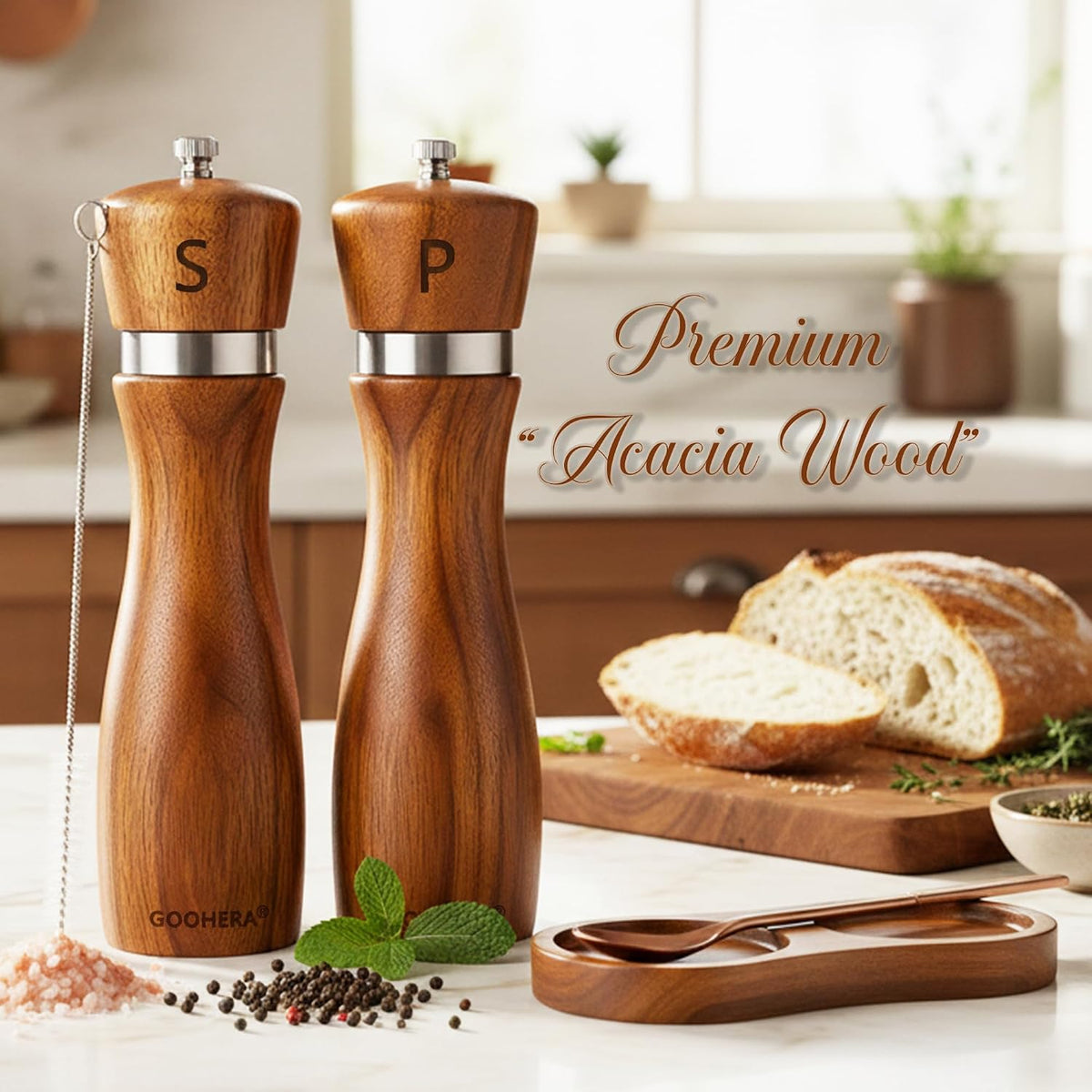 Premium Acacia Wood Salt & Pepper Grinder Set, 8-Inch, 2 Pack