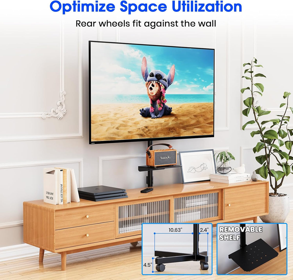 Rolling TV Stand for 23-60 Inch, Mobile TV Stand with Shelf, Black
