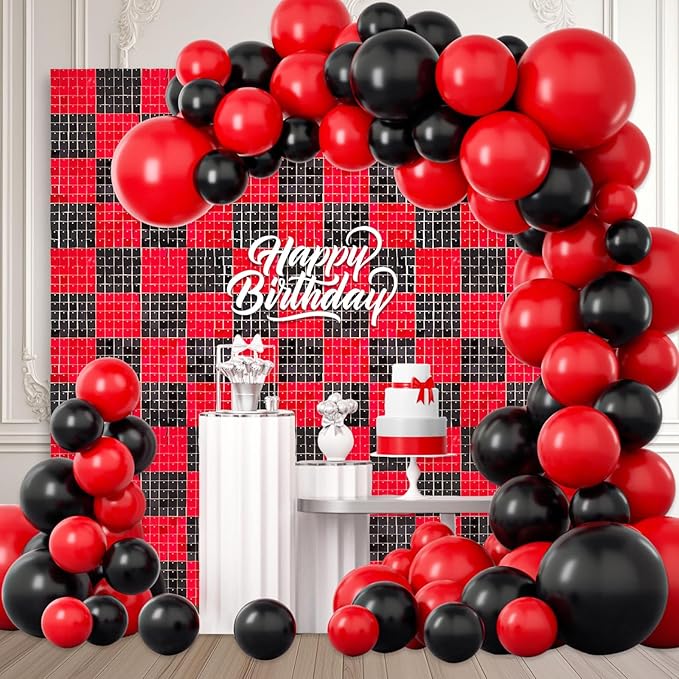 24PCS Black Red Shimmer Wall Backdrop, Square Sequin Photo Backdrops Panel, G...