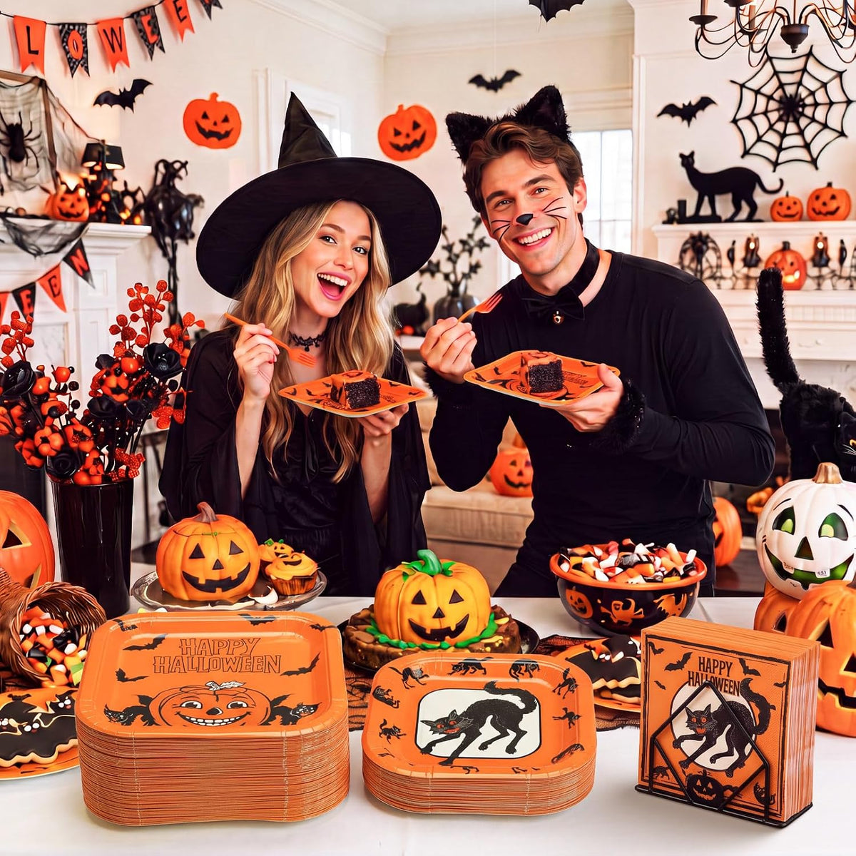 Rtteri 250 Pcs Vintage Halloween Plates and Napkins Set Serves 50