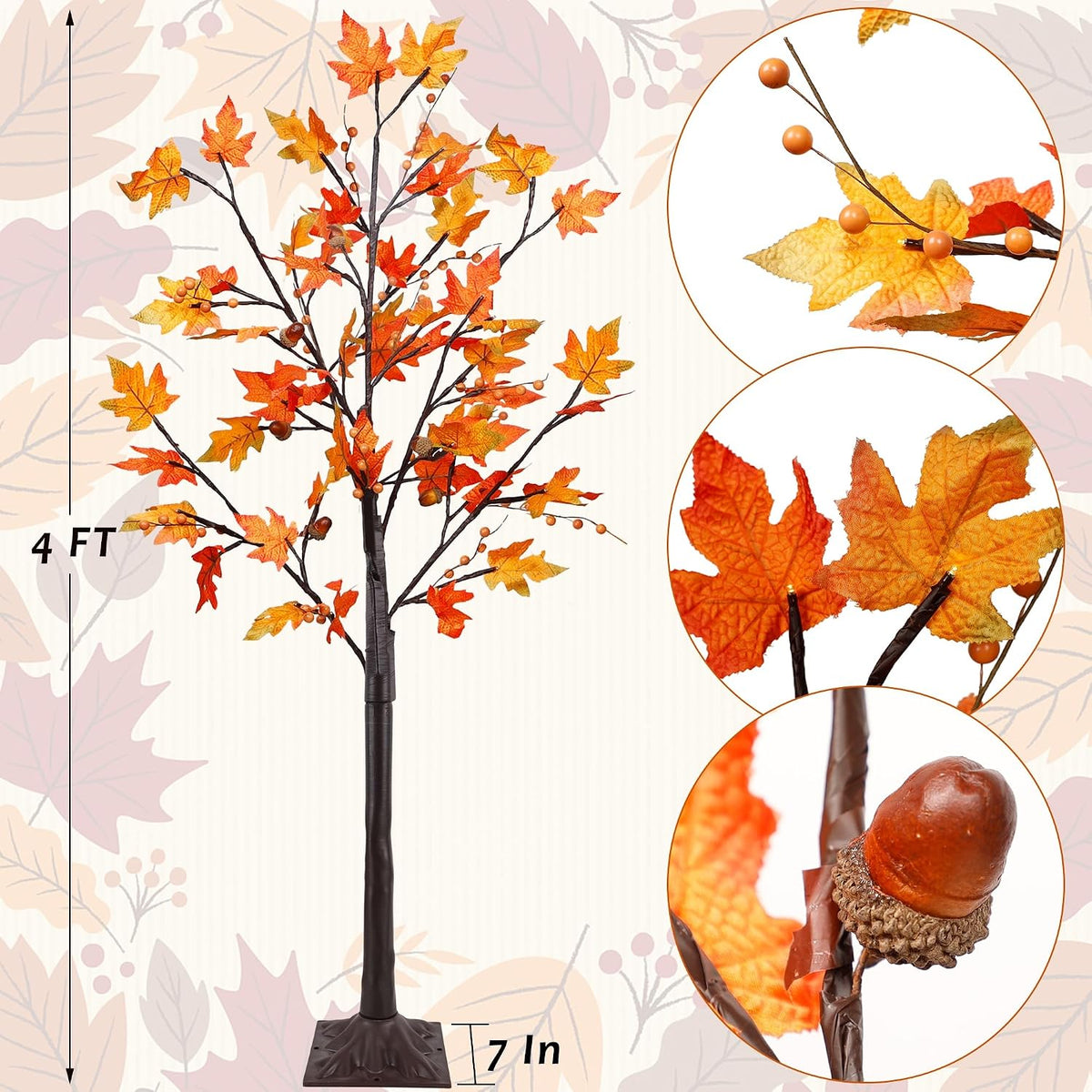 FORUP LED Lighted Maple Tree, 4 FT Lighted Artificial Tree for Thanksgiving H...