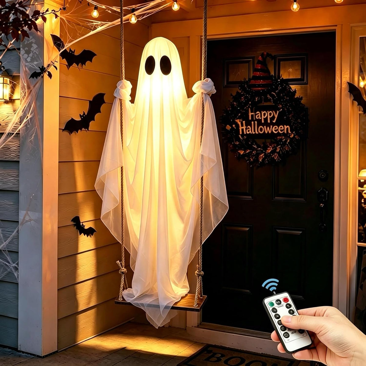 Halloween Decorations Outdoor โ Hanging Swing Ghost 4-8FT, Remote Light Up