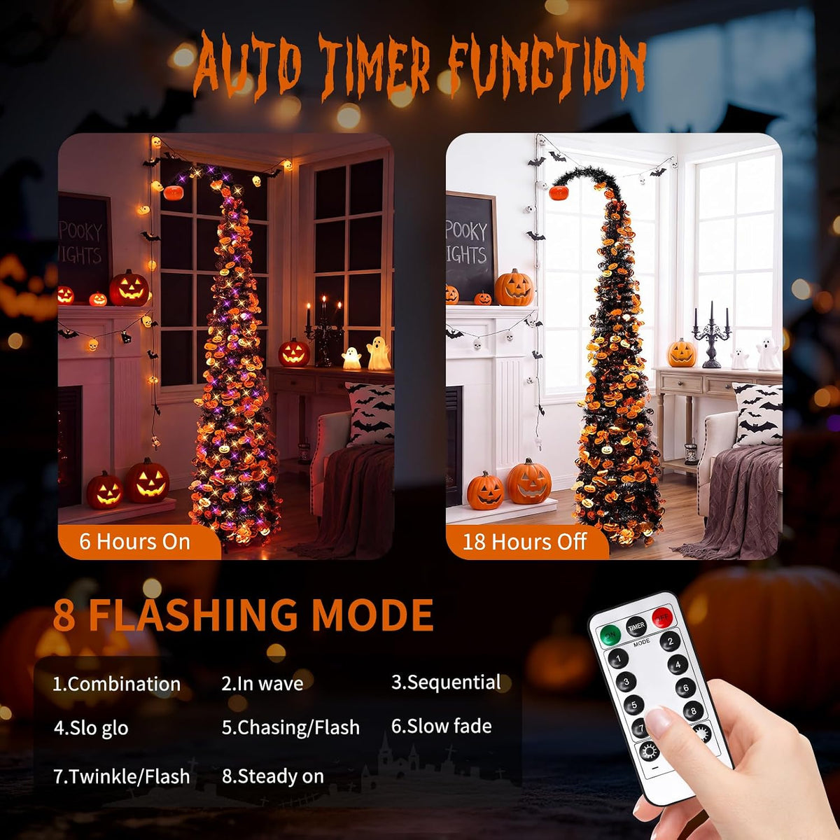 Curved Pumpkin Halloween Tree 5FT with Remote Timer Purple Orange Lights