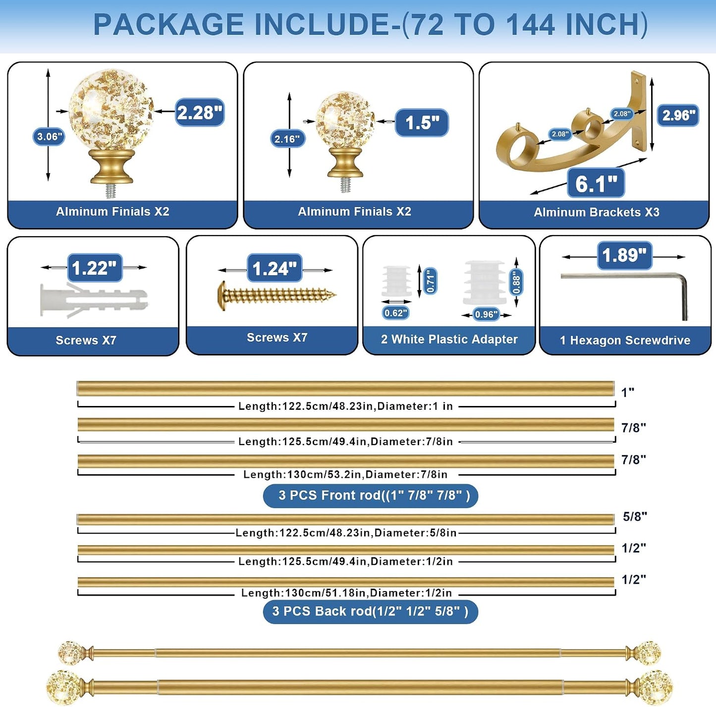 Gold Double Curtain Rod 72 to 144 Inch,Double Decorative Crystal Drapery Rods with Solid Aluminum Bracket Acrylic Sheer Bling Foil Finials,1" Front and 5/8" Back Heavy Duty Curtain Rods for Windows