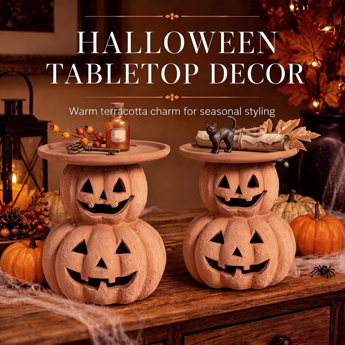 2 Pcs Halloween Terracotta Pumpkin Candle Holder Jack O Lantern Table Decor