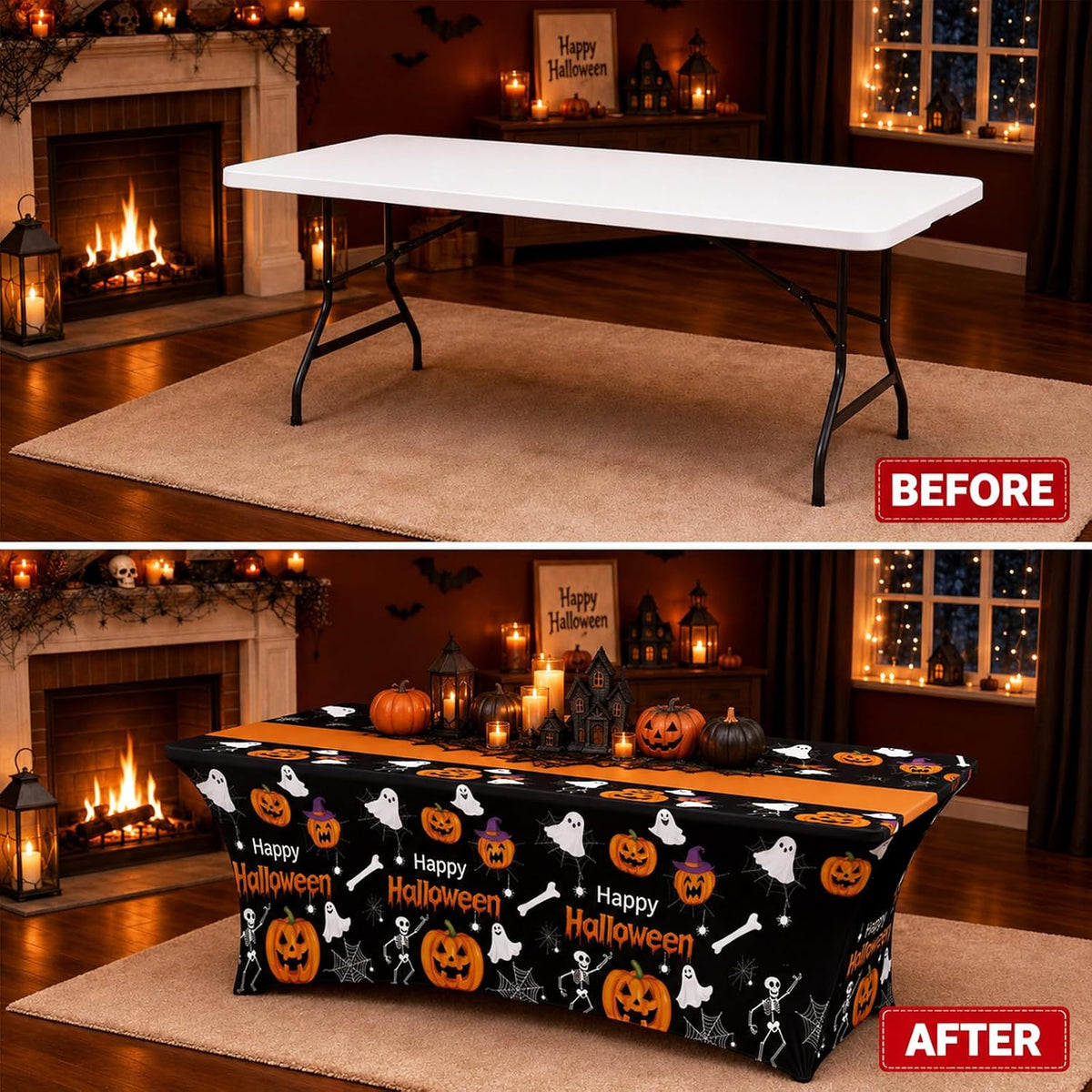 Moukeren 2 Pack Halloween Pumpkin Ghost Spandex Tablecloth 6ft Stretch Table ...
