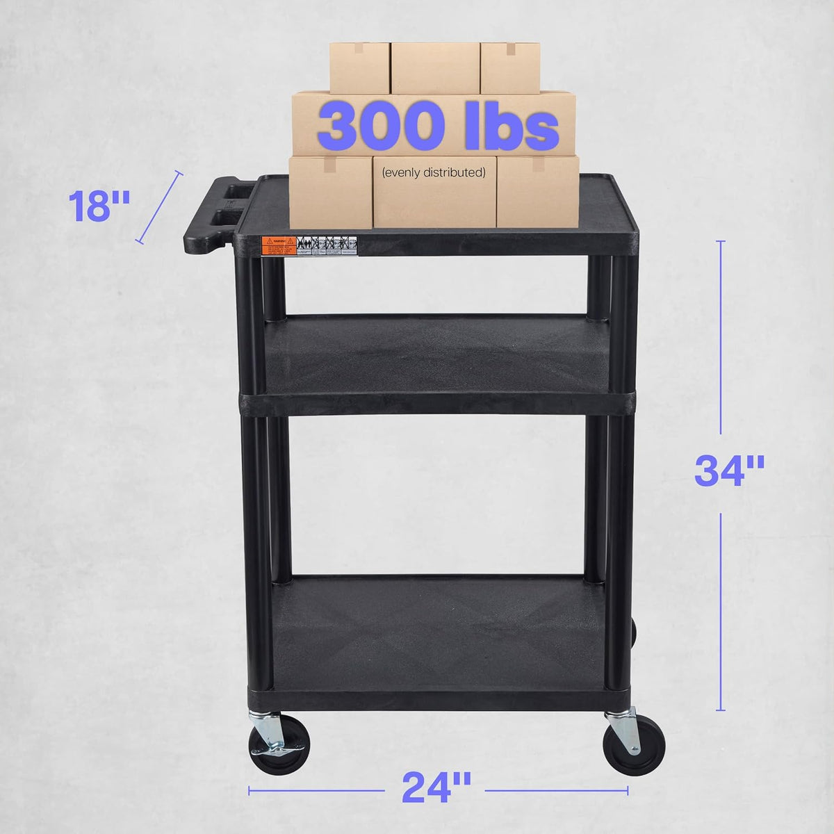 Luxor Black Mobile Plastic 3 Shelf AV Presentation Cart