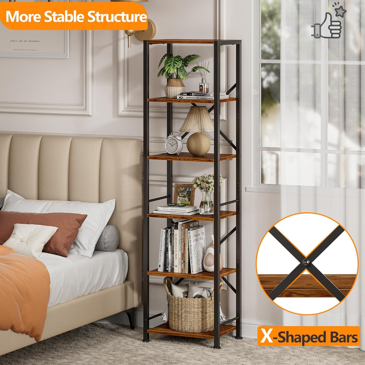 Furologee 6 Tier Bookshelf, Tall Narrow Bookcase, Rustic Brown