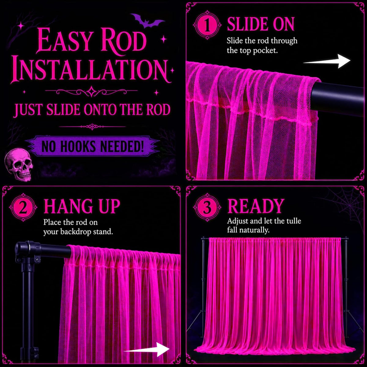 Mega-L Halloween Decorations, 3 Pack Halloween Tulle Backdrop Curtains