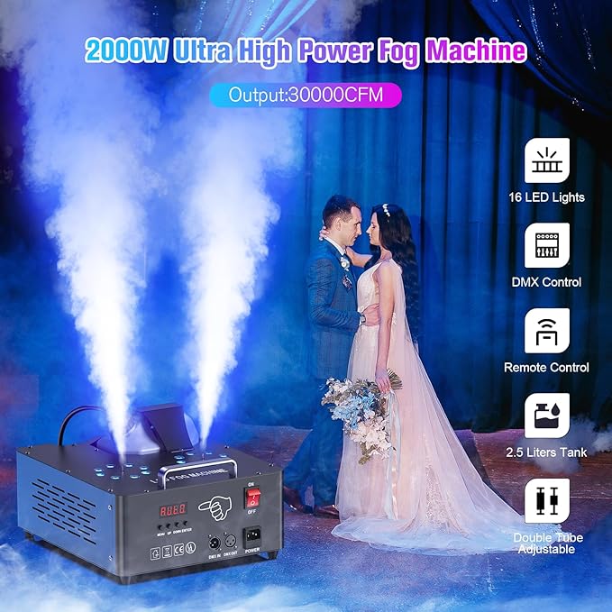 2000W Professional Fog Machine Dual Nozzle with 16 RGB LED, DMX Control Adjus...