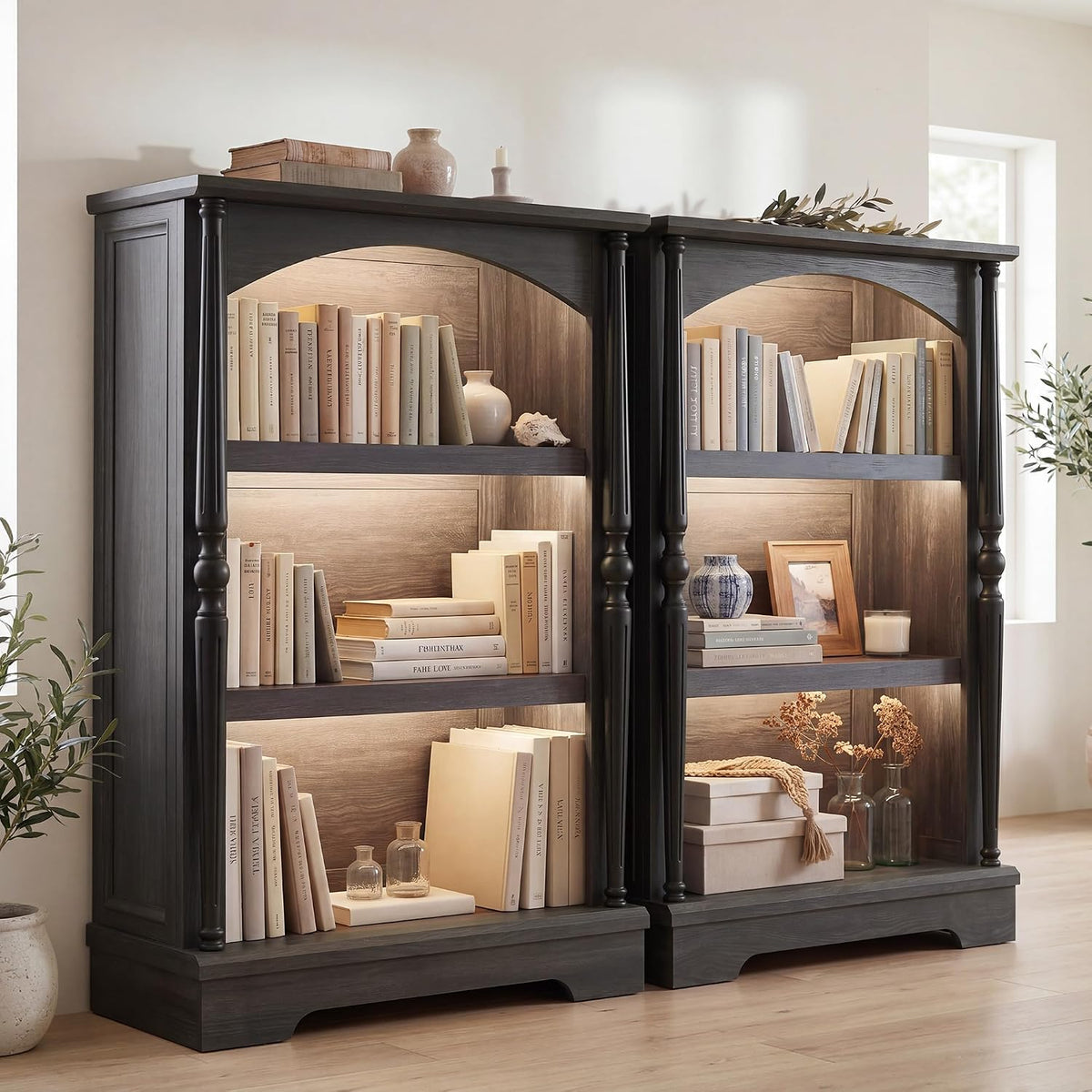 3-Tier Arched Bookcase with LED Lights Set of 2,Farmhouse Bookshelf, Black